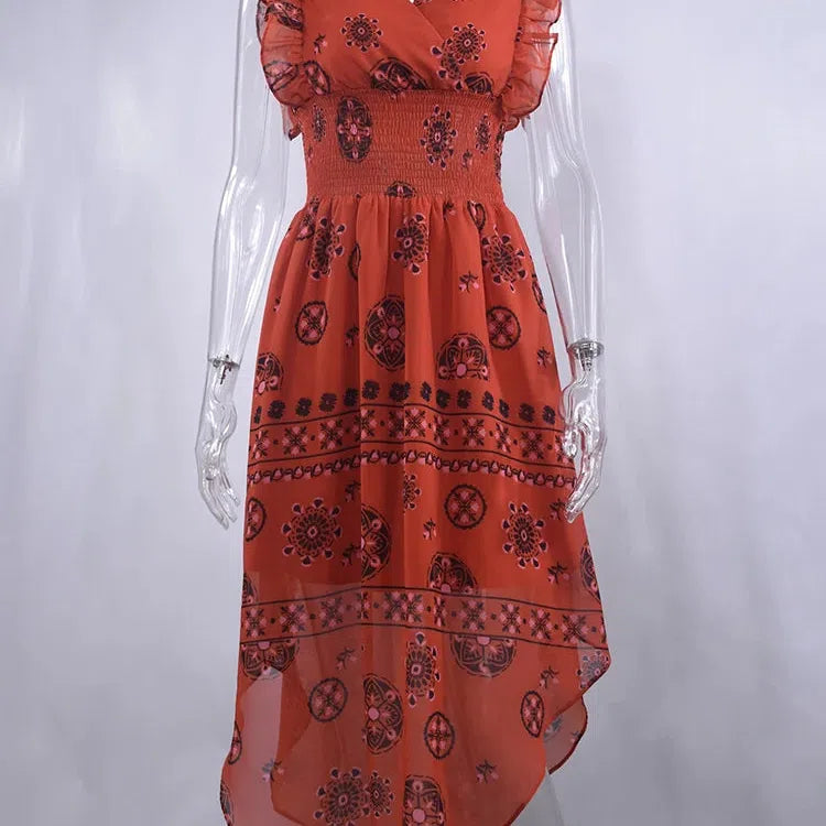 JO | Summer Women Vintage Pattern Smocked Ruffle Midi Dress