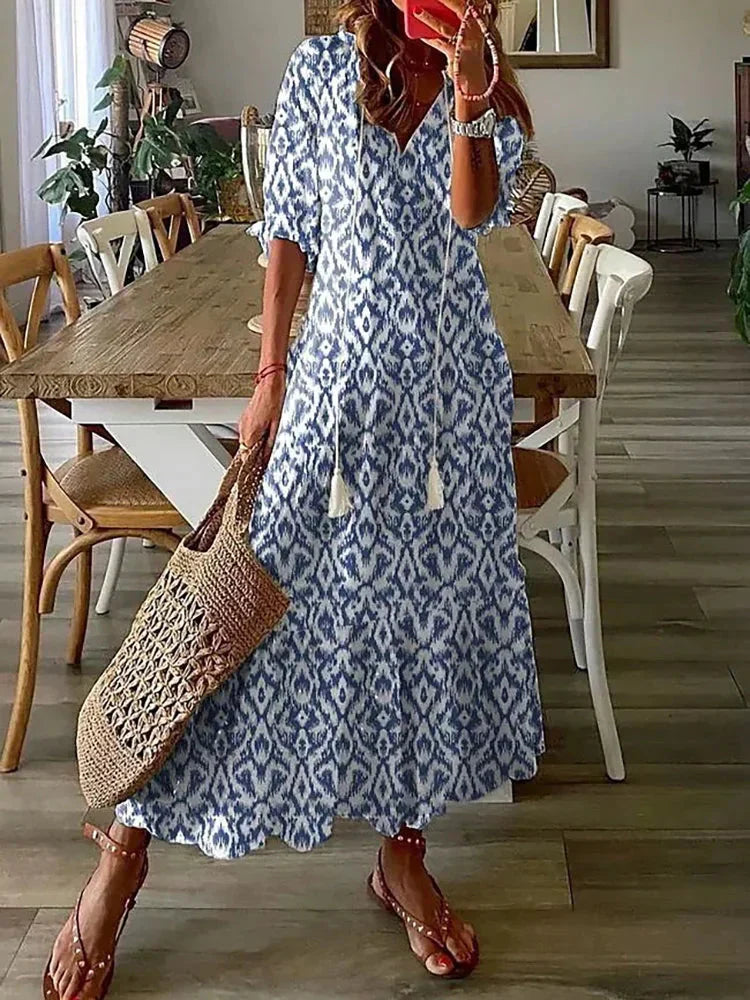 JO | Boho patterned midi dress with short sleeves