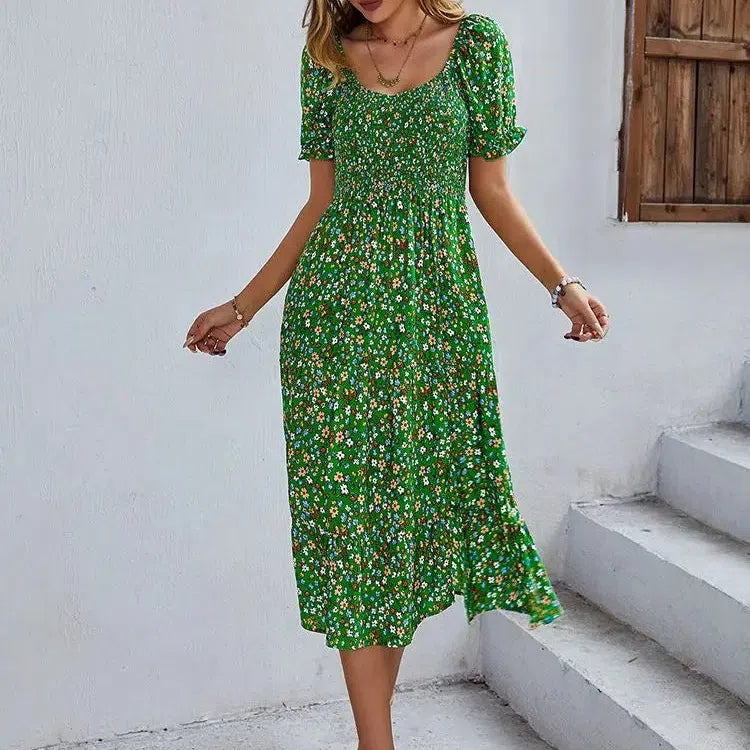 JO | Bohemia Print Dress Women New Summer Midi Dress Puff Sleeves