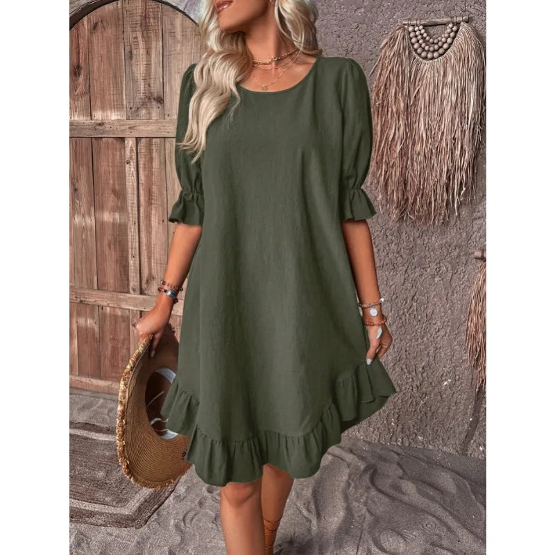 JO | Solid Color Casual Loose Short Dresses For Women Summer A-Line Midi Dress