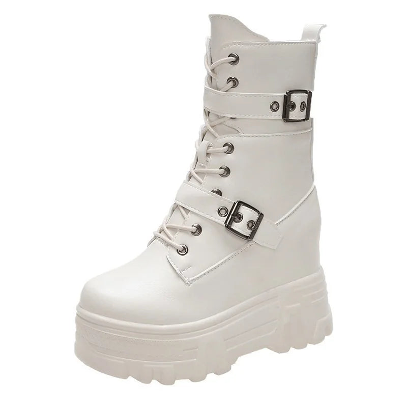 Autumn Leather Women Ankle Boots Classic Gothic High Platform Chunky Shoes Winter Motorcycle Boots Warm Plush Sneakers