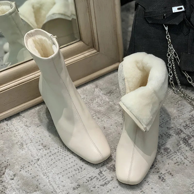 2023 Winter Warm Women Boots Fashion Zippers Thick High Heels Shoes Women Plush Ankle Boots Street Style White Ladies Short Boot