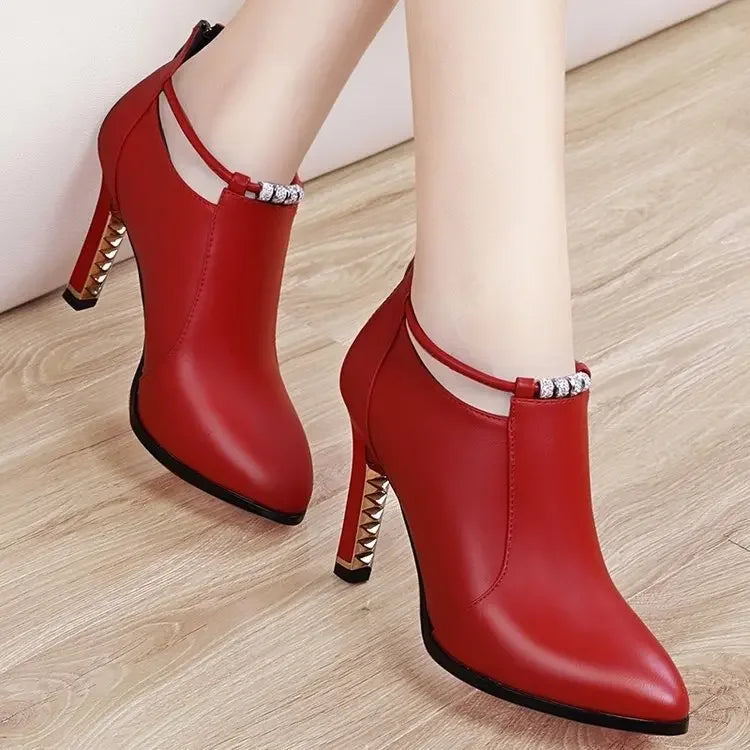 2024 Great Quality Boots Women High Heels Pointed Toe Women's Shoes Red Shoes Gold Decor Thin Heels Slip-on Ladies Modern Boots