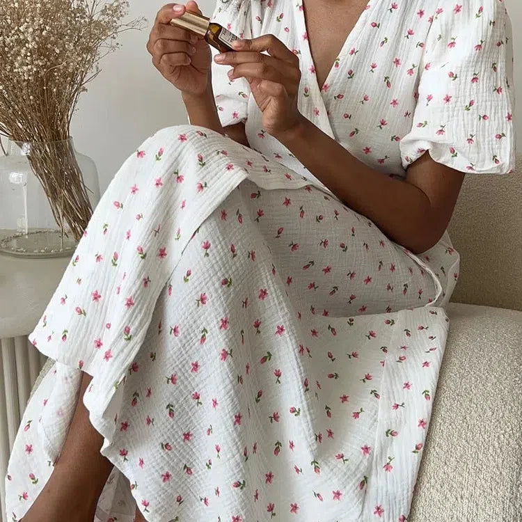 JO | Casual Ladies Summer Dresses 100% Cotton Floral Print A-Line Midi Dress with Side Slits Long Elegant White Dress