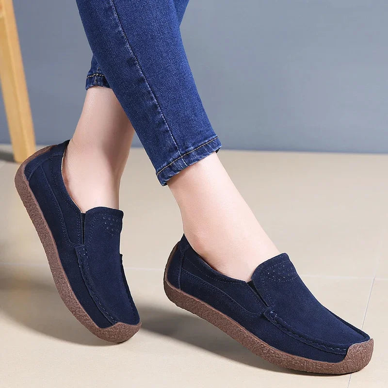 2025 New Spring Autumn Women Moccasins Suede Leather Flats Square Toe Comfortable Slip-on Shoes Fall Casual Apricot Loafers Lady