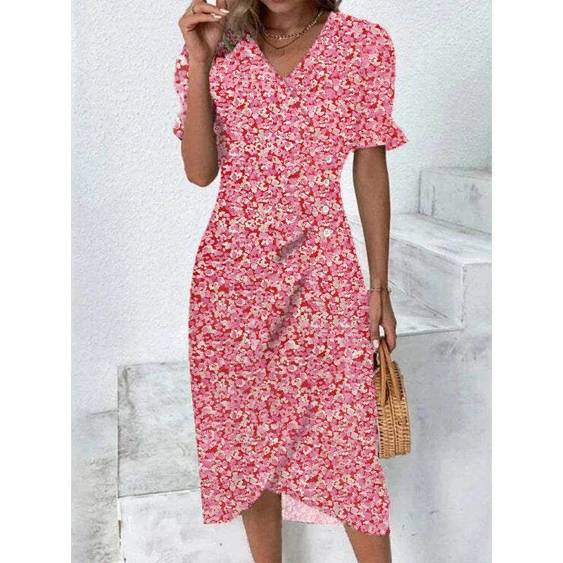 JO | Elegant floral pleated midi dress with puff sleeves and V-neckline