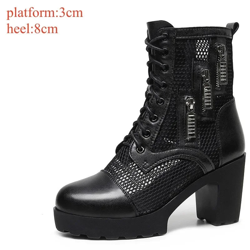 Small Size 32-43 Breathable Mesh Cutout Leather Boots Women's Platform Sandals Summer 2024 Block High Heels Ankle Boots Model
