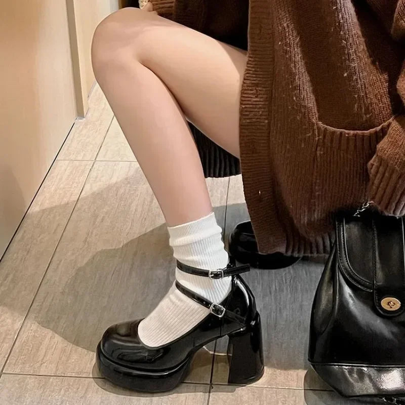 2024 High Heels Women's Spring Autumn Pumps Shoes Red Black Retro Thick Soled Jane Ankle Buckle 9cm Chunky