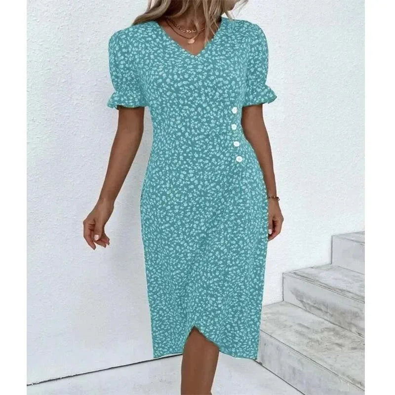 JO | Spring Floral Bodycon Midi Dress for Women V-Neck Long Sleeve
