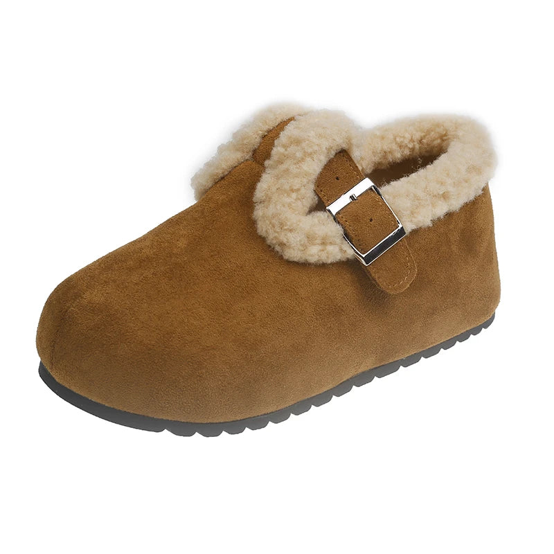 Solid Buckle Flats Round Toe Winter Slip-on Shoes Female 2024 High Quality Low Heel Shallow Novelty Flats Sapatos Baixos