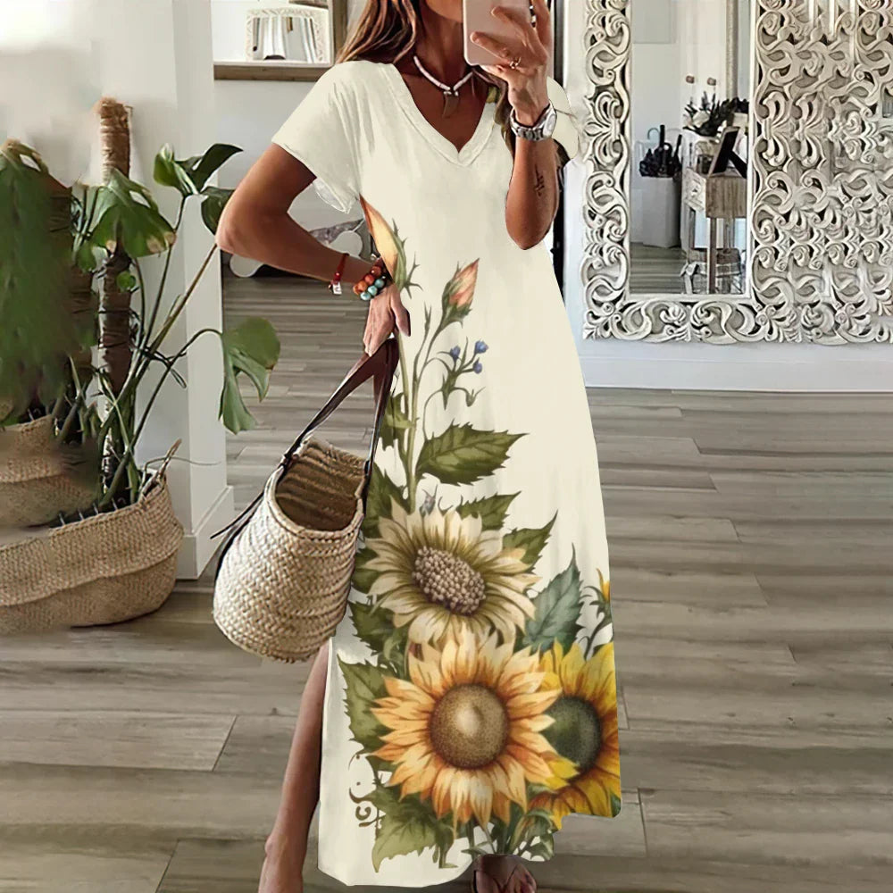 JO | Sunflower Print Floral Graphic Dresses for Women Plus Size Elegant Midi Dress