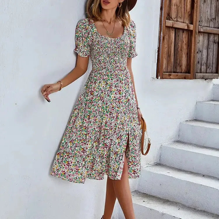 JO | Bohemia Print Dress Women New Summer Midi Dress Puff Sleeves