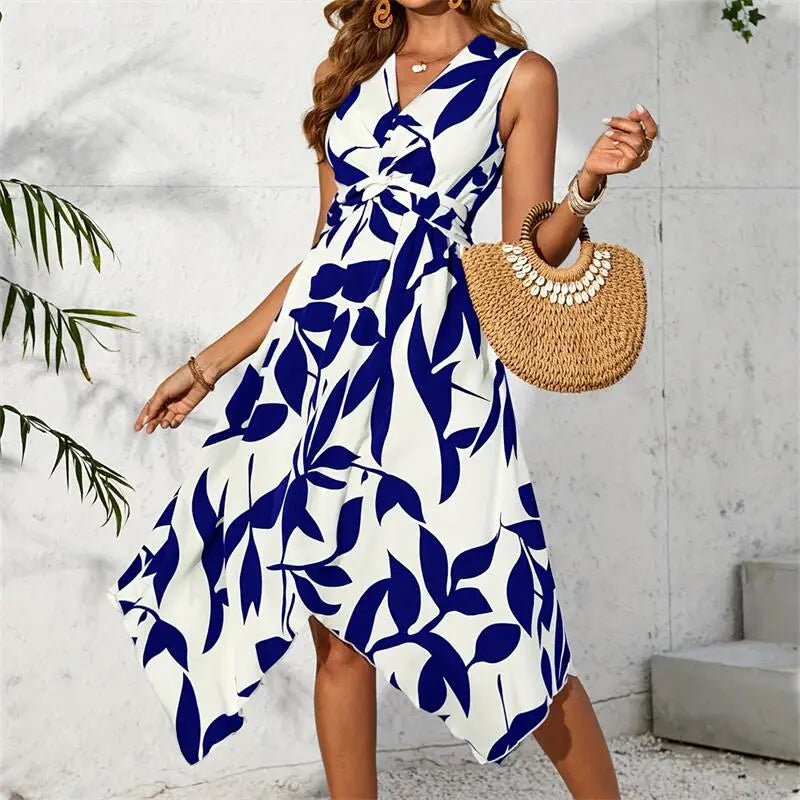 JO | Beach Women Midi Dress Summer Asymmetrical Maxi Long One Piece Elegant Leaf Print Casual Hem Vestidos Female