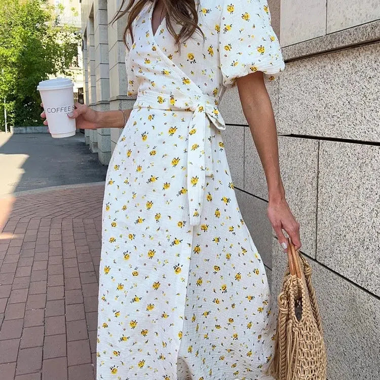JO | Casual Ladies Summer Dresses 100% Cotton Floral Print A-Line Midi Dress with Side Slits Long Elegant White Dress