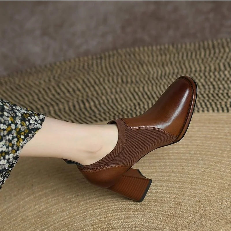 FHANCHU 2022 New Women Retro Naked Boots,Stretch Knitted Autumn Shoes,Slip on,Square High Heels Ankle Botas,Black,Brown.Dropship