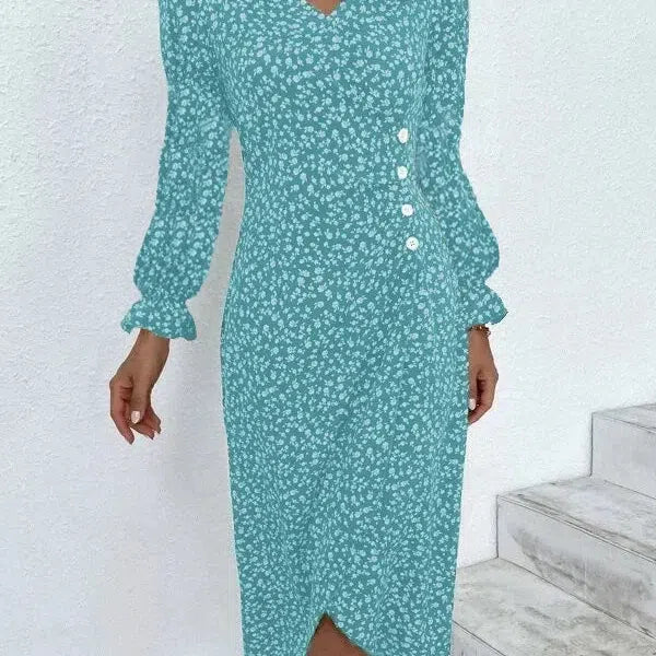 JO | Elegant floral pleated midi dress with puff sleeves and V-neckline