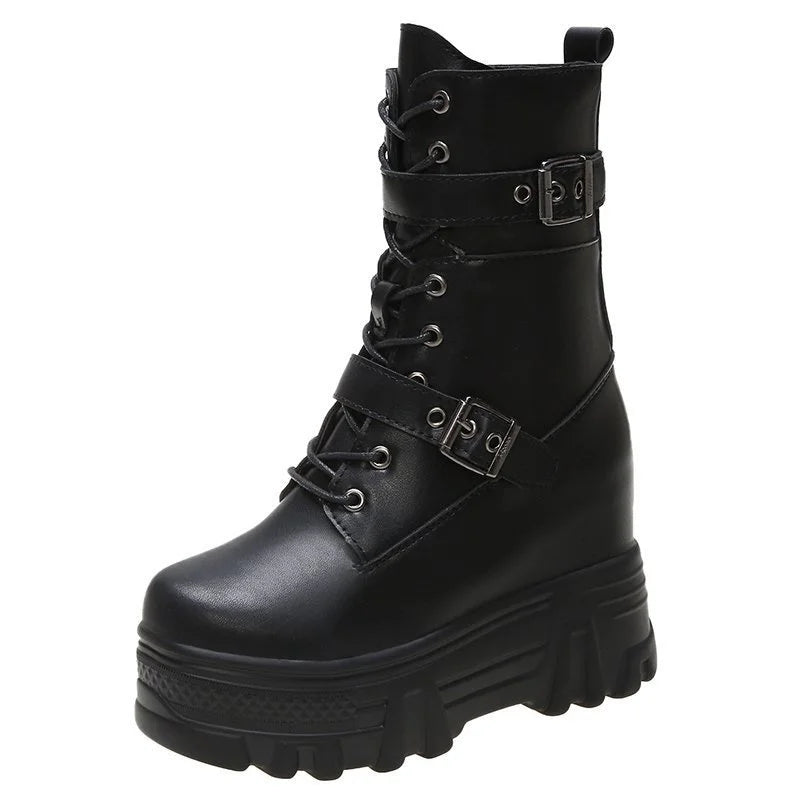 Autumn Leather Women Ankle Boots Classic Gothic High Platform Chunky Shoes Winter Motorcycle Boots Warm Plush Sneakers