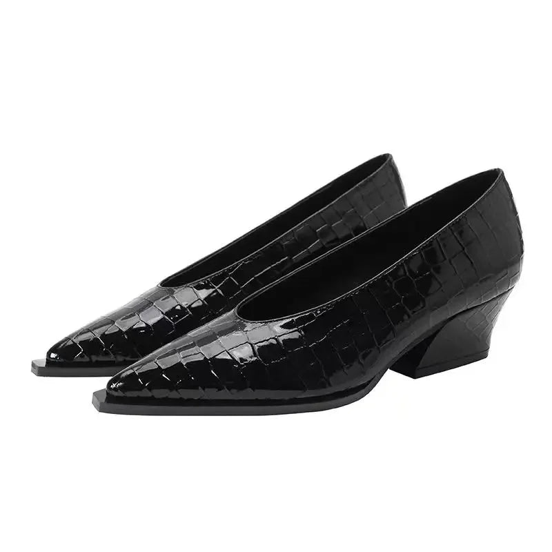 2024 New Pointed V Women Pumps Autumn Chunky Mid-heels Fashion Patent Leather Snakeskin Grainlady Shoes Trend Versatile Pumps