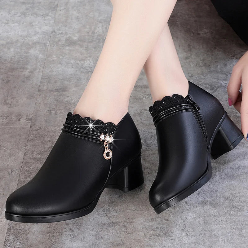 Solid Spring Autumn Women Fashion Pumps Thick High Heels Soft Comfortable Mam Zip Shallow Women Shoes
