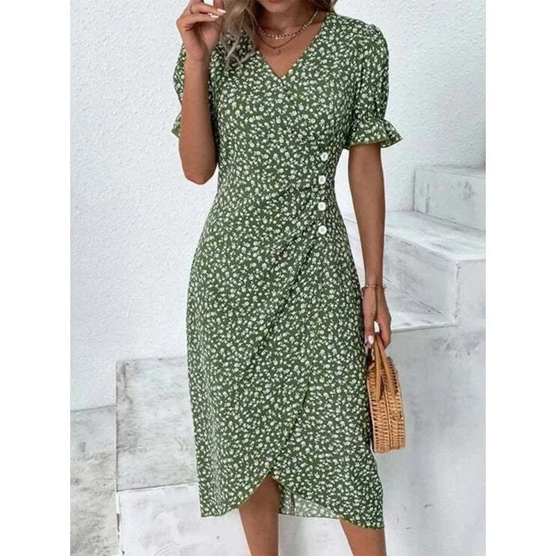JO | Spring Floral Bodycon Midi Dress for Women V-Neck Long Sleeve