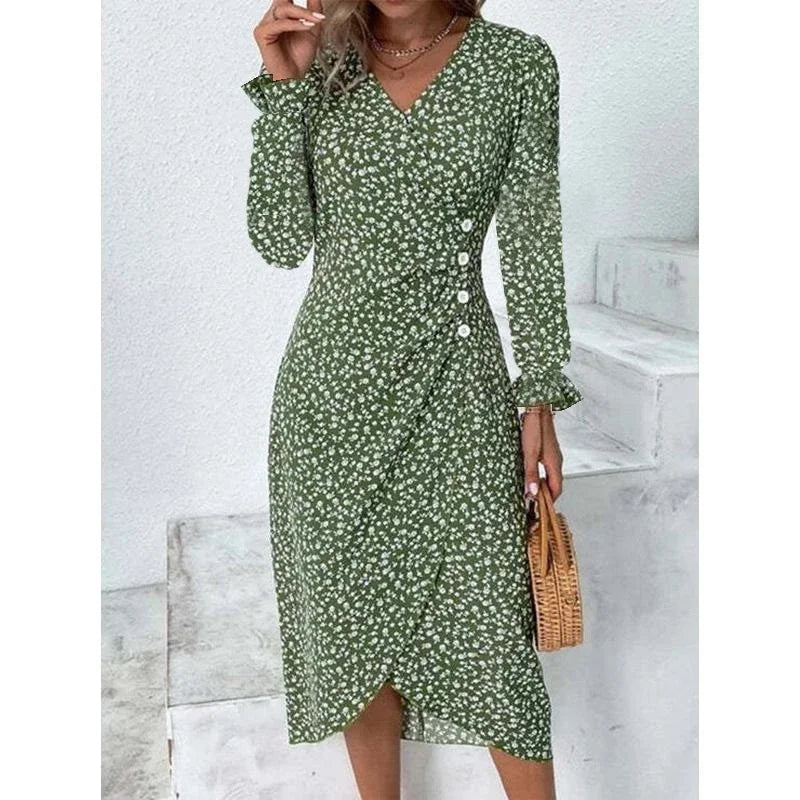 JO | Elegant floral pleated midi dress with puff sleeves and V-neckline