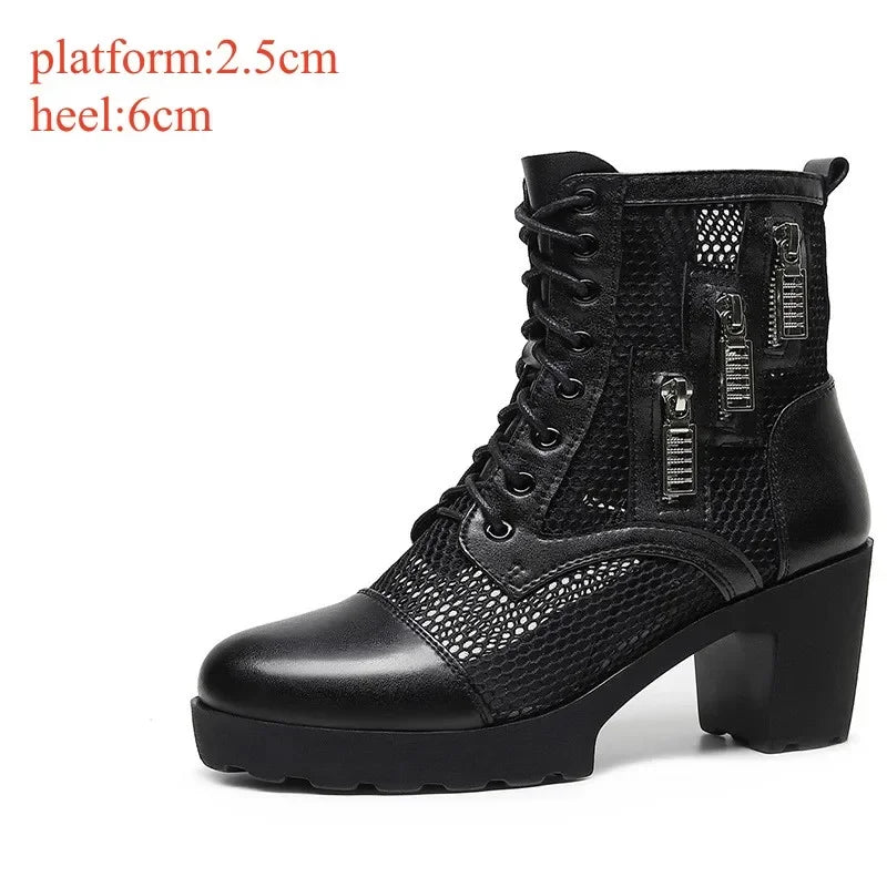 Small Size 32-43 Breathable Mesh Cutout Leather Boots Women's Platform Sandals Summer 2024 Block High Heels Ankle Boots Model