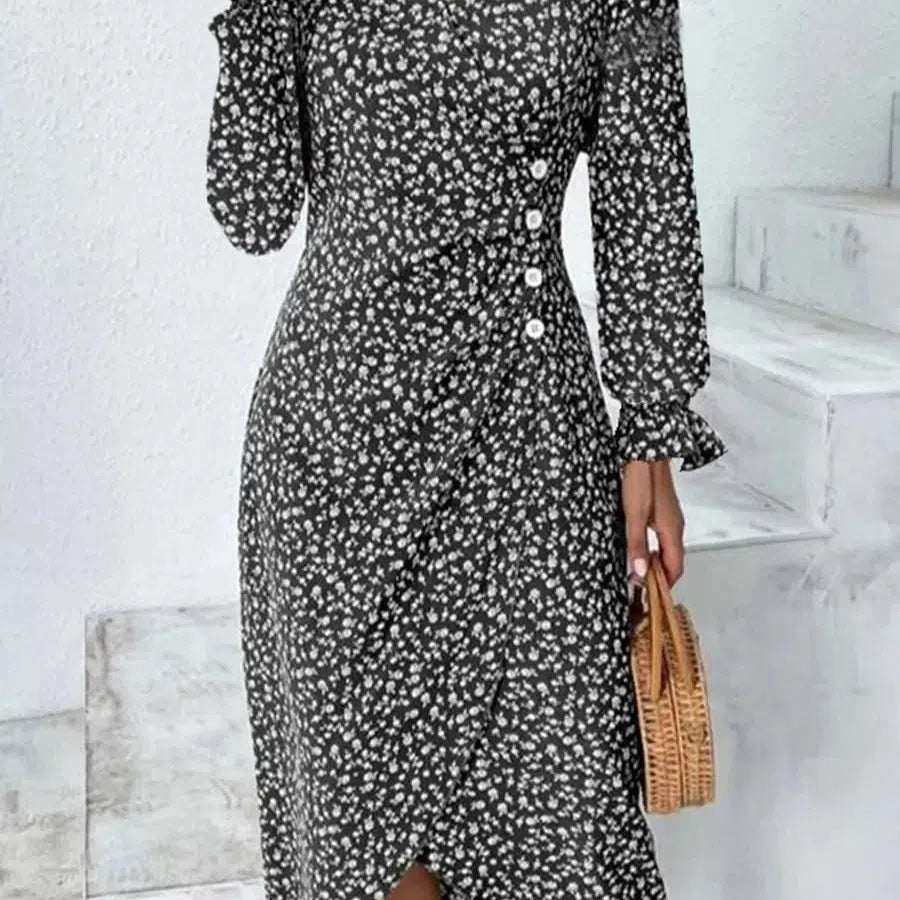 JO | Spring Floral Bodycon Midi Dress for Women V-Neck Long Sleeve