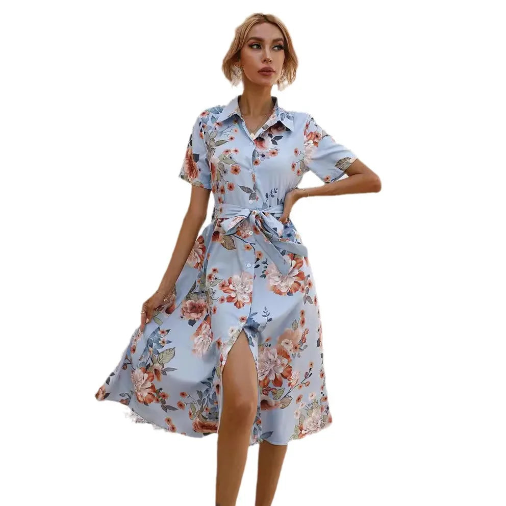 JO | Spring Summer Women Floral Print Midi Dress with Short Sleeves and Turn Down Collar for Casual Party and Outing