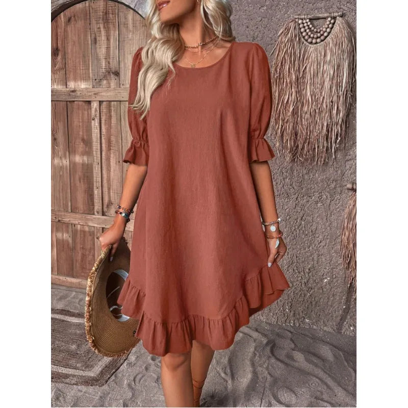 JO | Solid Color Casual Loose Short Dresses For Women Summer A-Line Midi Dress