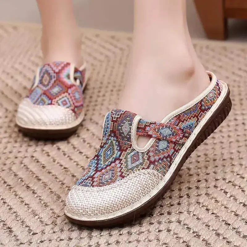 Womens Ethnic Style Slippers Fashion Women Shoe Wedge Cloth Shoes with Soft Soles Walking Shoes Slip-on Mules Zapatilla De Mujer