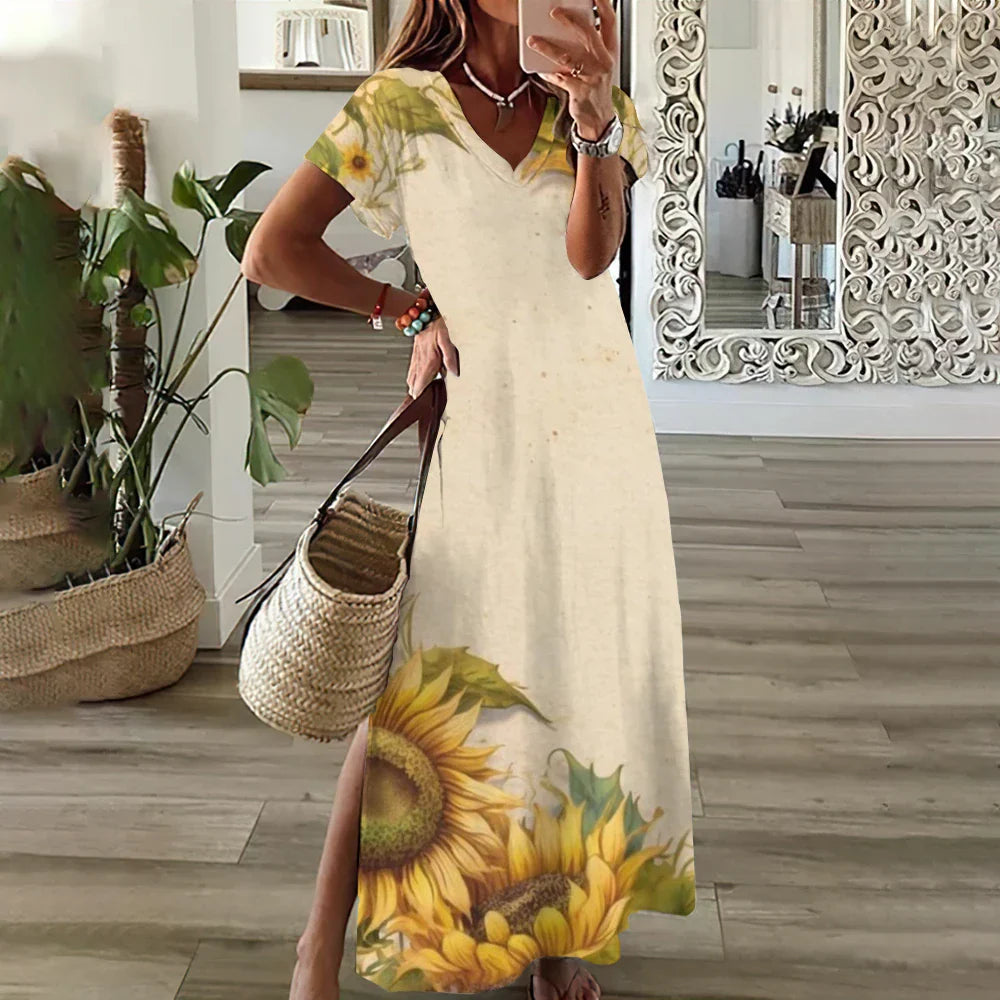 JO | Sunflower Print Floral Graphic Dresses for Women Plus Size Elegant Midi Dress