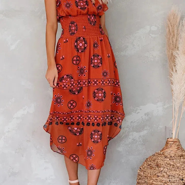 JO | Summer Women Vintage Pattern Smocked Ruffle Midi Dress