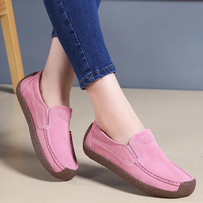 2025 New Spring Autumn Women Moccasins Suede Leather Flats Square Toe Comfortable Slip-on Shoes Fall Casual Apricot Loafers Lady
