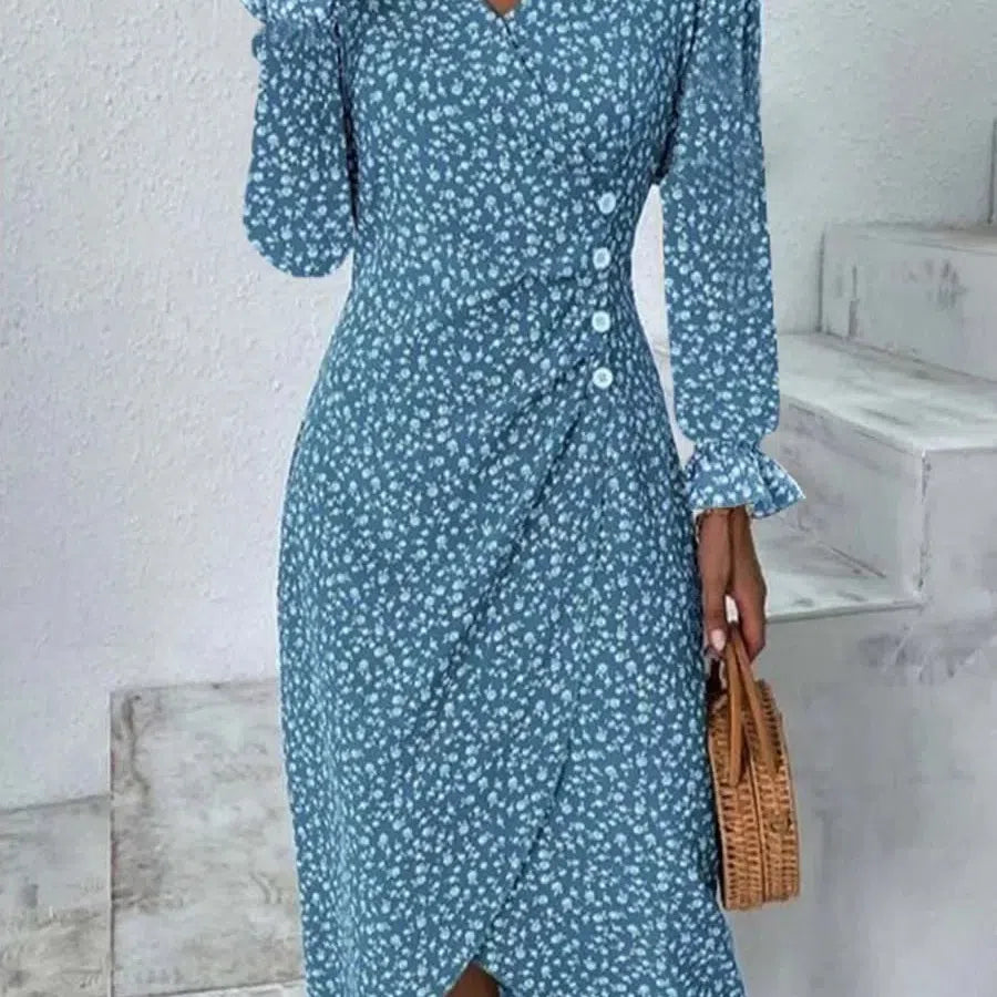 JO | Spring Floral Bodycon Midi Dress for Women V-Neck Long Sleeve