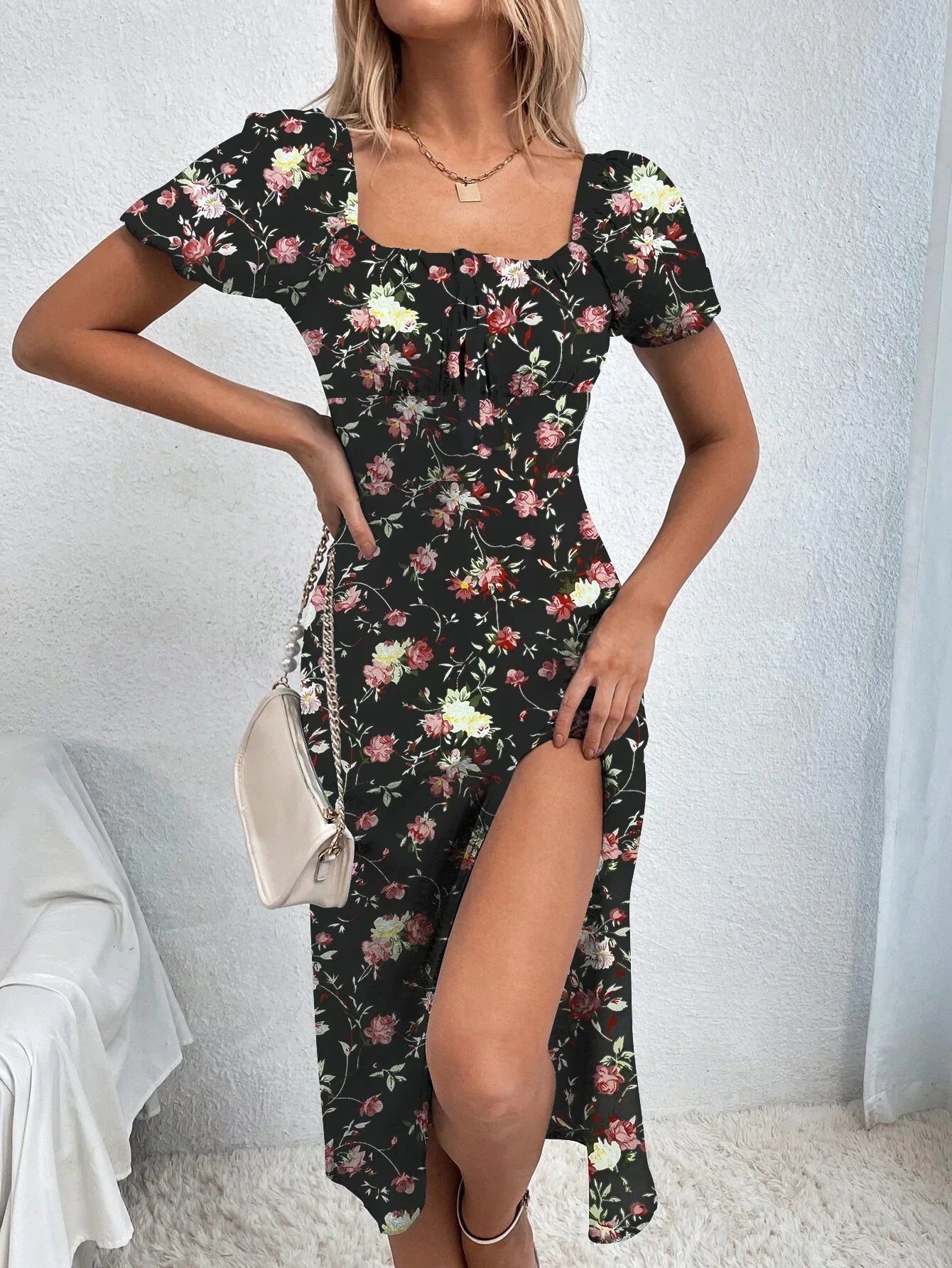 JO | Ladies Boho Ditsy Floral Print Ruched Split Thigh Midi Dress with Puff Sleeves and Square Neckline for Summer and Vacation