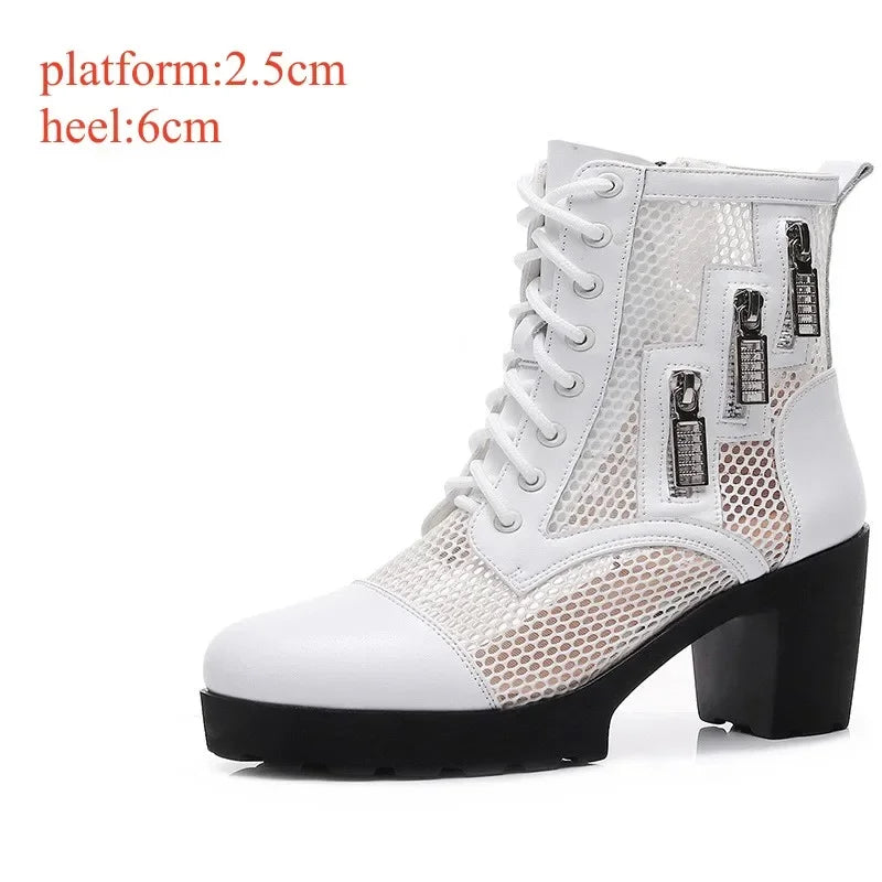 Small Size 32-43 Breathable Mesh Cutout Leather Boots Women's Platform Sandals Summer 2024 Block High Heels Ankle Boots Model