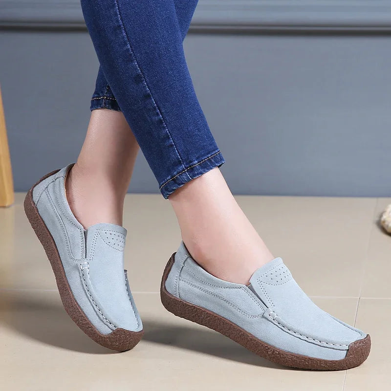 2025 New Spring Autumn Women Moccasins Suede Leather Flats Square Toe Comfortable Slip-on Shoes Fall Casual Apricot Loafers Lady