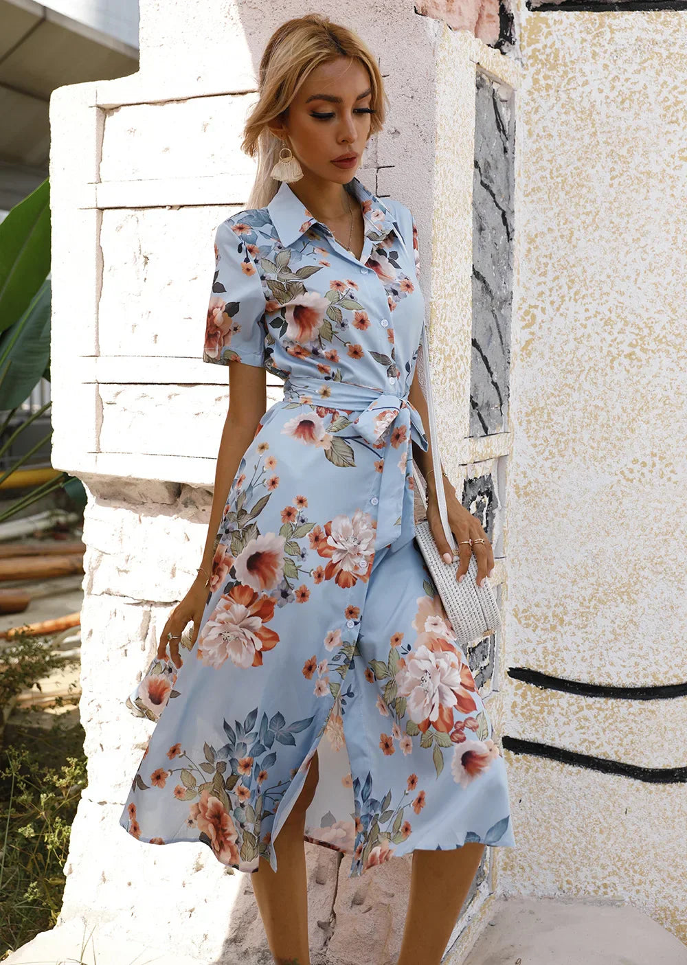 JO | Spring Summer Women Floral Print Midi Dress with Short Sleeves and Turn Down Collar for Casual Party and Outing