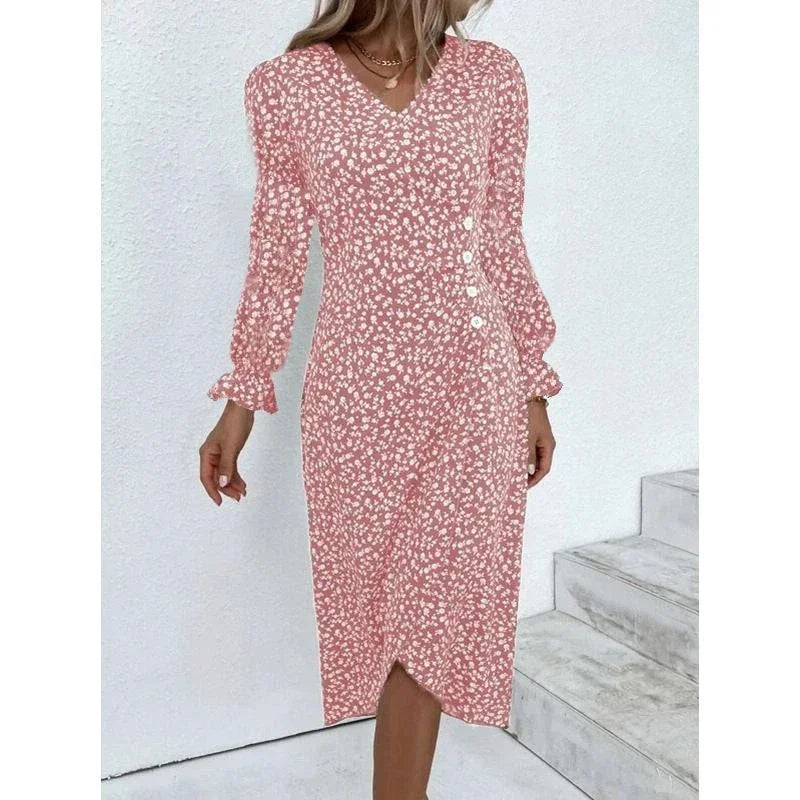 JO | Elegant floral pleated midi dress with puff sleeves and V-neckline