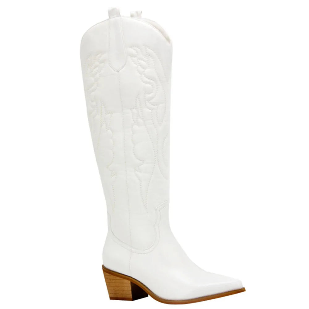2024 Cowboy Boots for Women Embroidered Pointy Toe White Zipper Chunky Heeled Knee High Western Boots Shoes Black