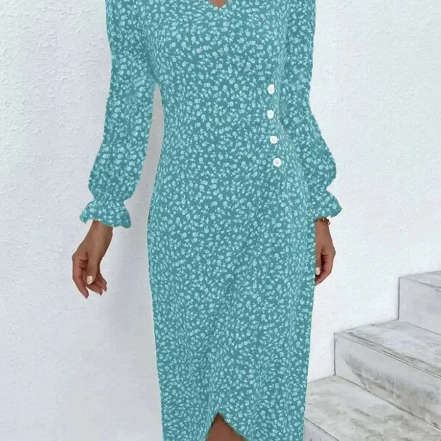 JO | Spring Floral Bodycon Midi Dress for Women V-Neck Long Sleeve