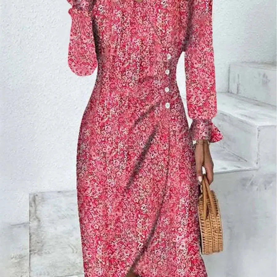 JO | Spring Floral Bodycon Midi Dress for Women V-Neck Long Sleeve