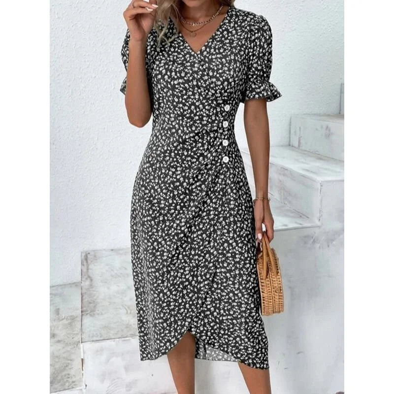 JO | Spring Floral Bodycon Midi Dress for Women V-Neck Long Sleeve