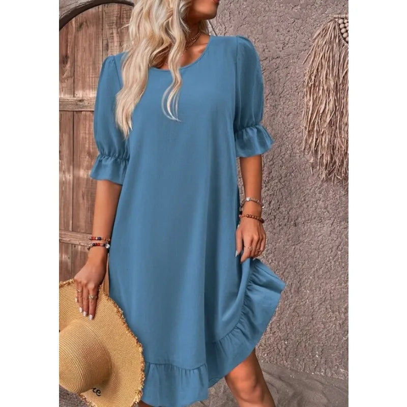 JO | Solid Color Casual Loose Short Dresses For Women Summer A-Line Midi Dress