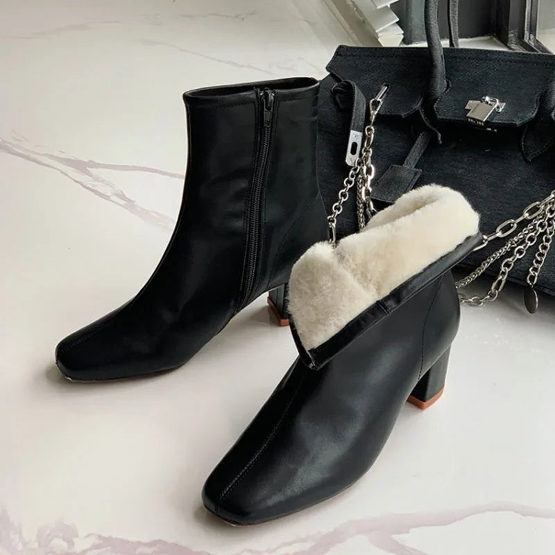 2023 Winter Warm Women Boots Fashion Zippers Thick High Heels Shoes Women Plush Ankle Boots Street Style White Ladies Short Boot
