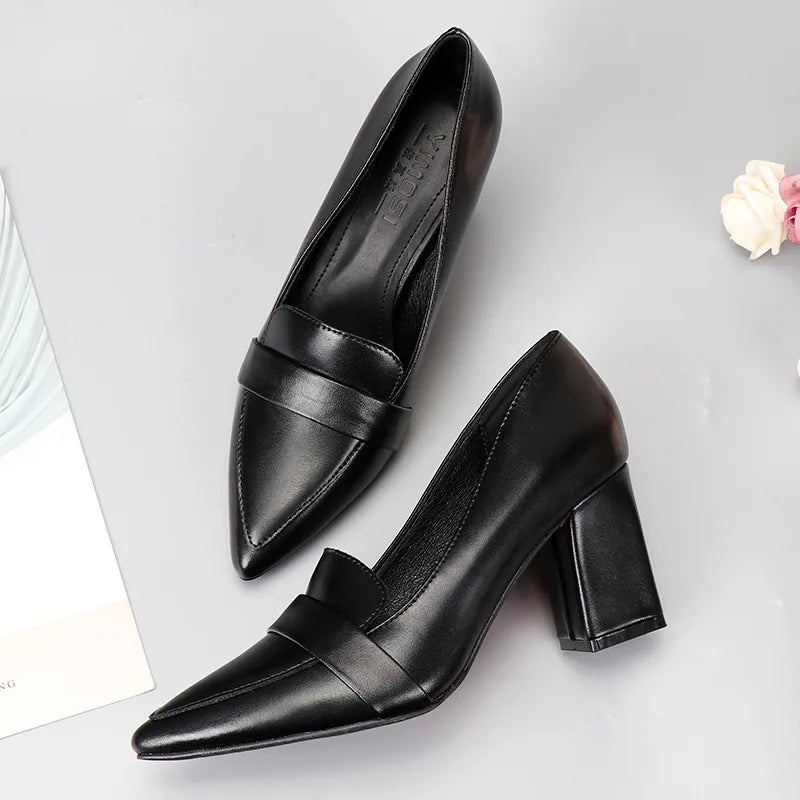 Fashion Women Elegant Simple Black Pumps Soft Sole Square High Heels Pointed Toe Sewing Slip On Office Work Shoes Comfortable