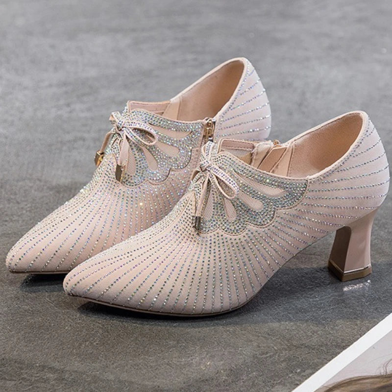 2025 Pointed Toe Heels Women's Colored Diamond Bow Knot Shallow Mouth Side Zipper Thick Heel Commuting New Fashion Spring Autumn