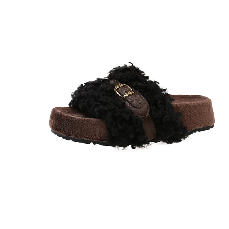 Super popular women's furry slippers, autumn and winter outer-wear, internet-famous curly fur thick-soled slip-on sandals
