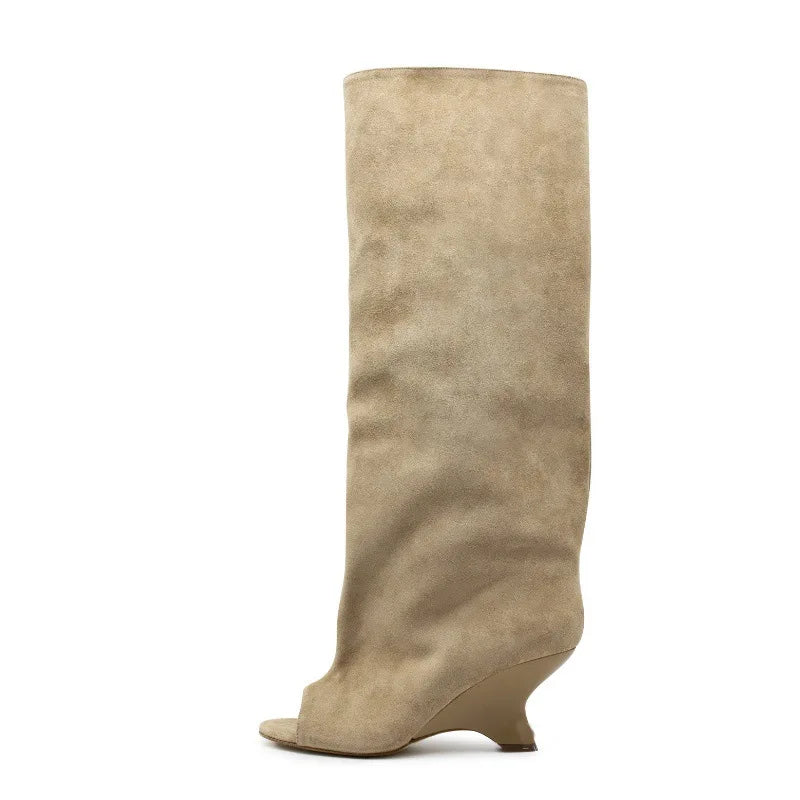 2025 New Peep Toe Long Boots Summer Thick High Heels Women's Knee Boots Large Size Shoes Ladies Slip-on Strange Heels Cool Boots