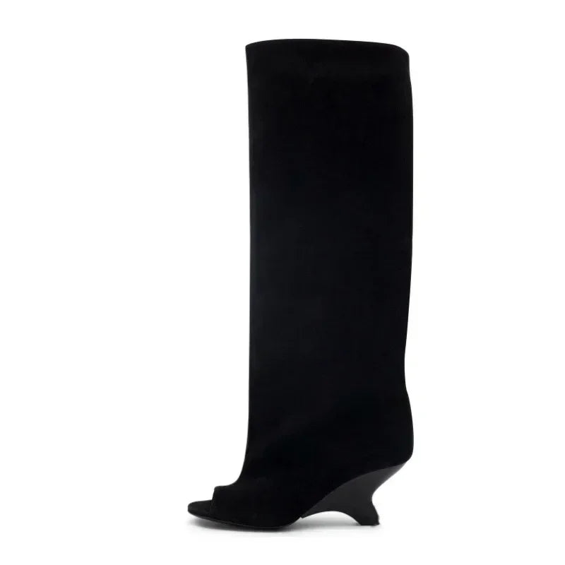 2025 New Peep Toe Long Boots Summer Thick High Heels Women's Knee Boots Large Size Shoes Ladies Slip-on Strange Heels Cool Boots